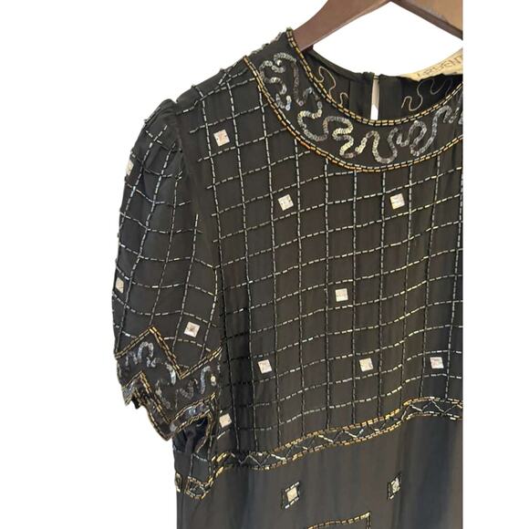 Vintage 90s Argenti Notte Silk Beaded Dress Women’s 8 Black Evening Cocktail - Picture 3 of 14